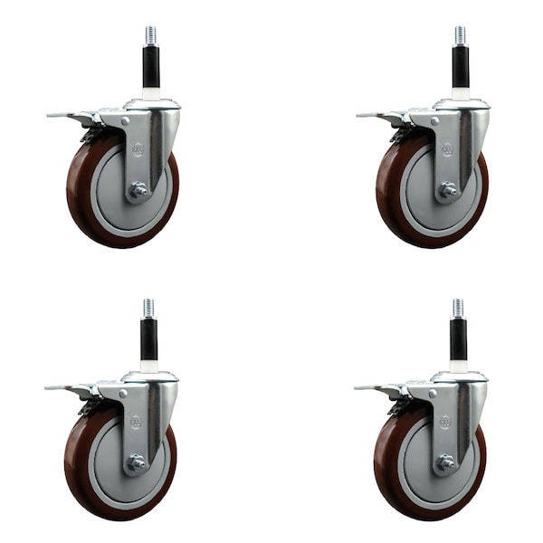 5'' Maroon Poly Swivel 7/8'' Expanding Stem Caster Set Total Lock Brake, 4PK